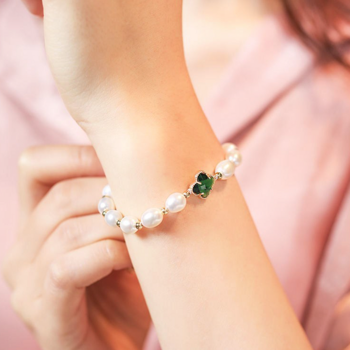 Pulseira de Trevo de Esmeralda com Esmeraldas e Pérolas em Ouro