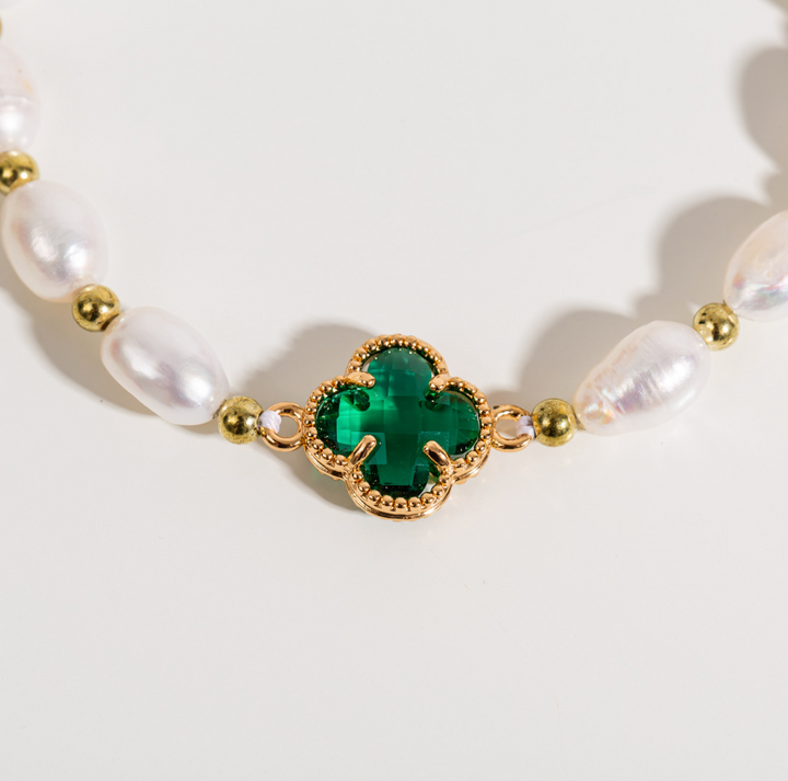 Pulseira de Trevo de Esmeralda com Esmeraldas e Pérolas em Ouro