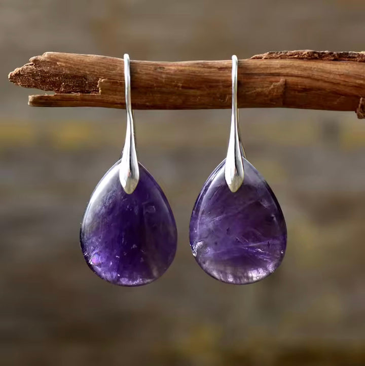 Brincos de Pedra Natural Ametista em Forma de Gota