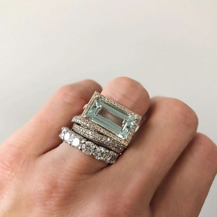 Conjunto de Anéis de Vidro Turquesa Prateado Vintage