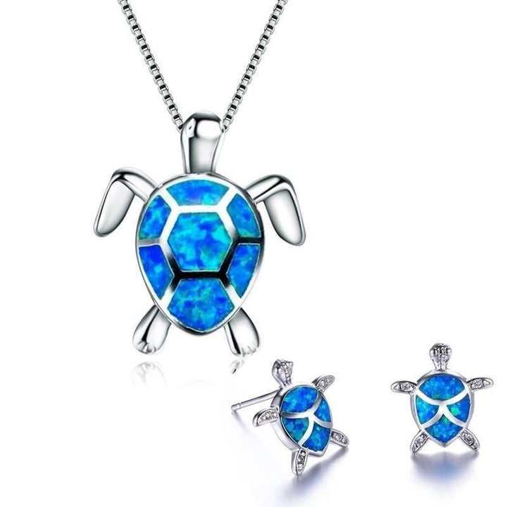 Colar + Conjunto de Brincos de Tartaruga Marinha em Opala e Prata