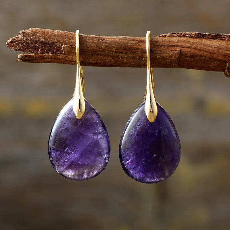 Brincos de Pedra Natural Ametista em Forma de Gota
